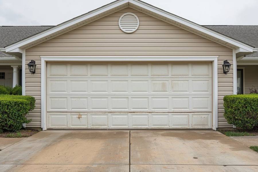 Old damaged garage door before repair by Albi Garage Doors Sacramento TX